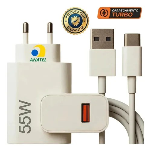 Carregador Turbo 55w USB-C com Cabo Tipo C Bivolt