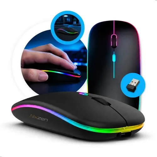Mouse Sem Fio Recarregável Bluetooth Wireless Óptico Ergonômico Led Rgb Gamer Preto Nixzen